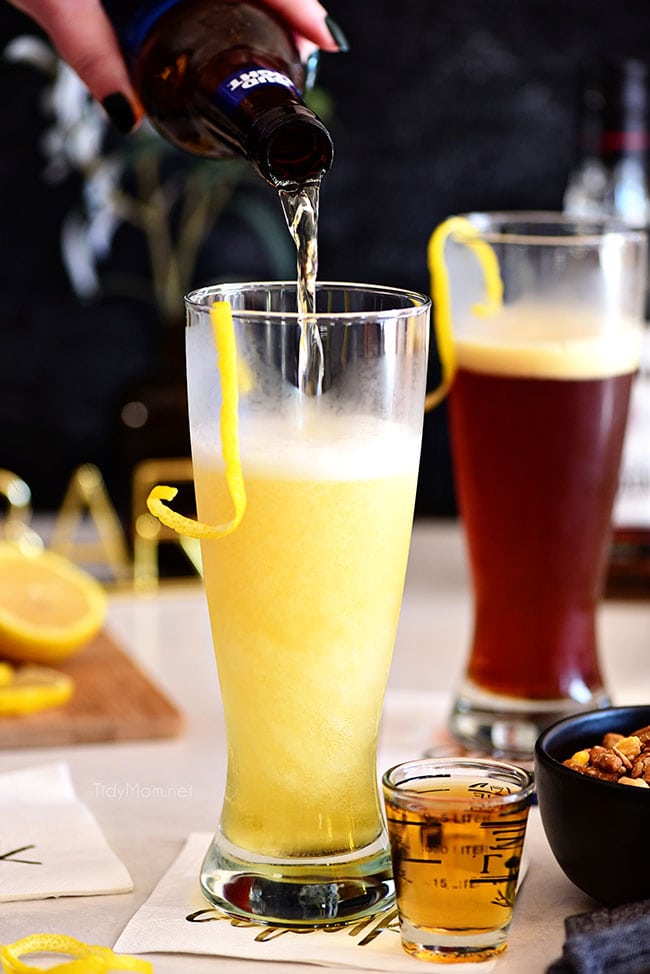 boilermaker beer cocktails with lemon twists