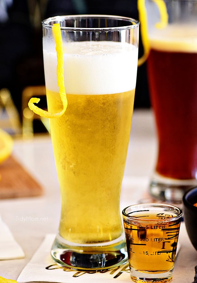 boilermaker beer cocktail with a lemon twist