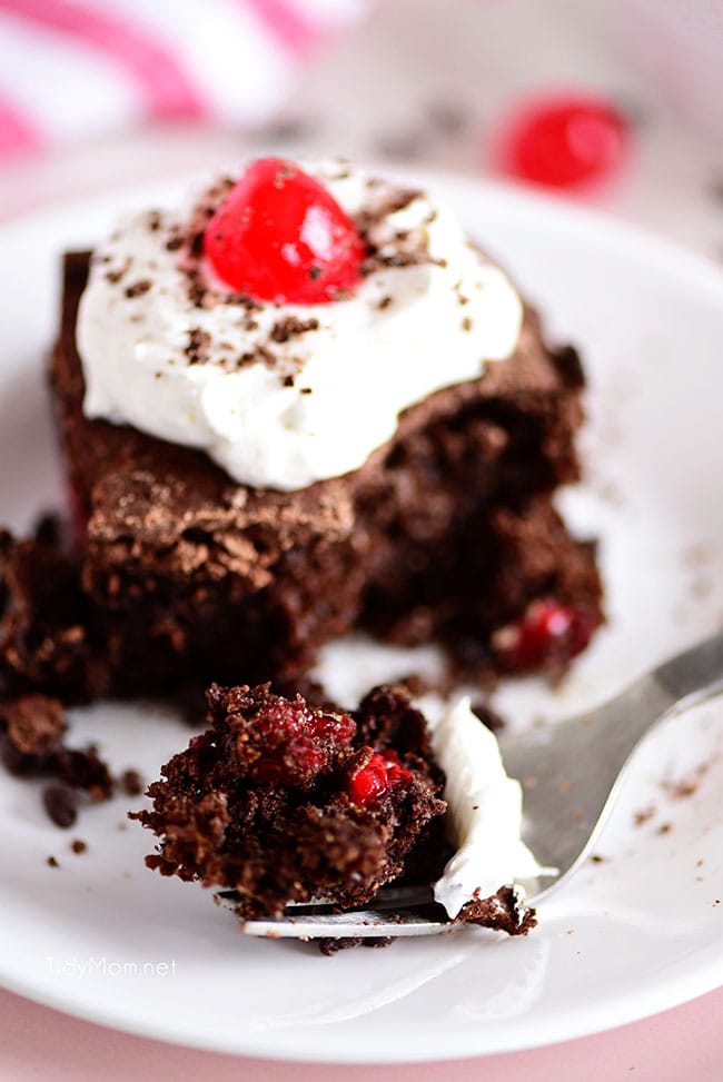 a piece of chocolate cherry cake with a bite on a fork