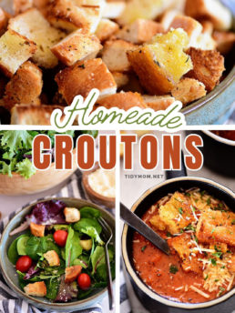croutons photo collage, with a salad and in a bowl of soup