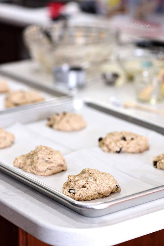 cinnamon raisin biscuits on a pan ready for the oven