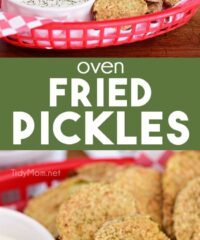 oven fried pickles in a red basket photo collage