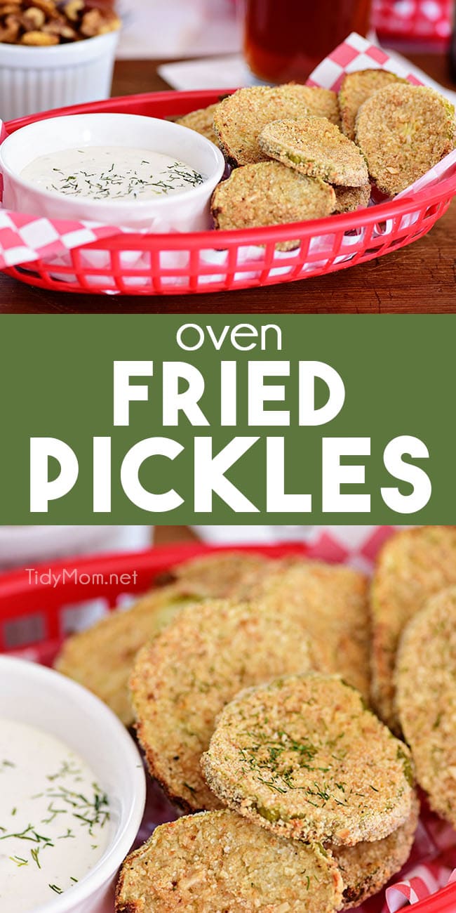oven fried pickles in a red basket photo collage