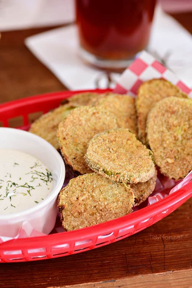 oven fried pickles in a red basket