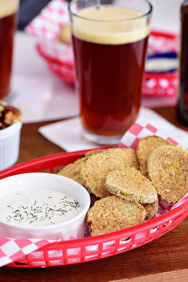 oven fried pickles in a red basket