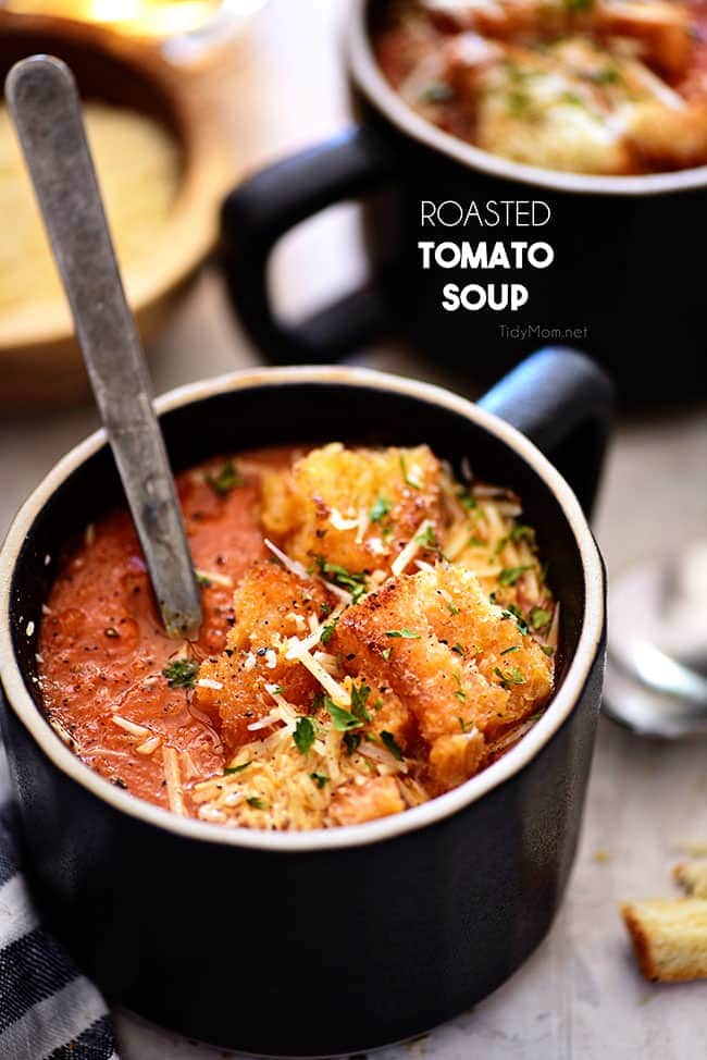 homemade Tomato Soup with fire-roasted tomatoes in a black mug