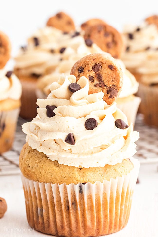 Cupcakes stuffed with cookie dough and topped with cookie dough frosting