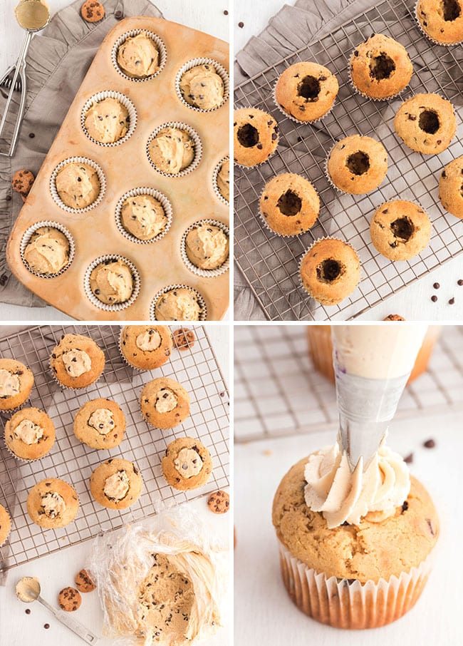 how to make cookie dough cupcakes photo collage