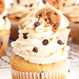 Cupcake stuffed with cookie dough and topped with cookie dough frosting