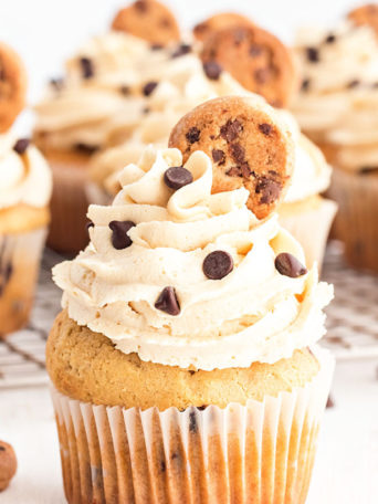 Cupcake stuffed with cookie dough and topped with cookie dough frosting