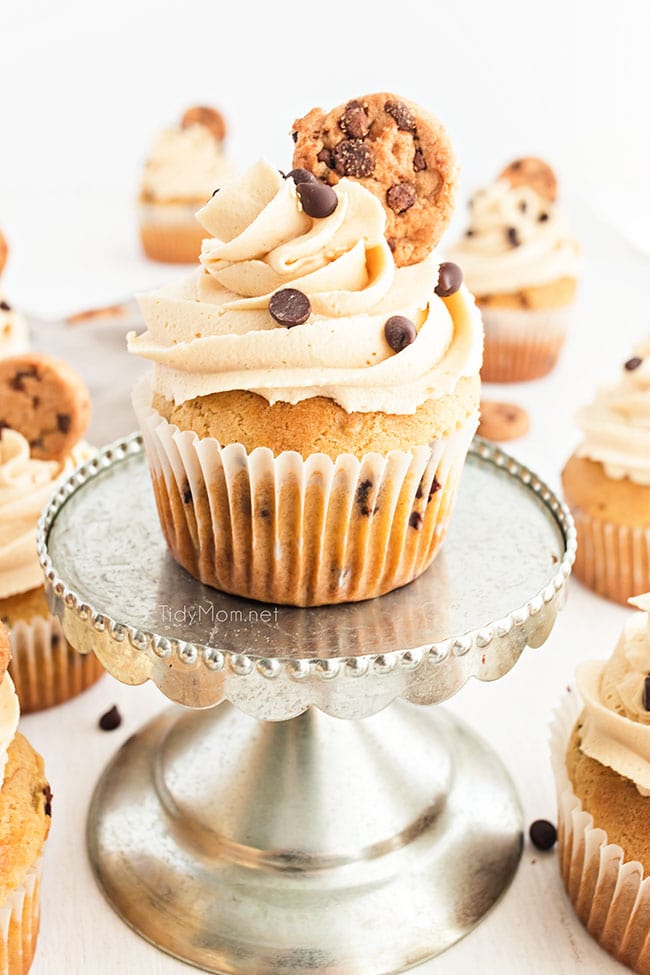 Cookie Dough Cupcakes with Cookie Dough Frosting and a little cookie on top