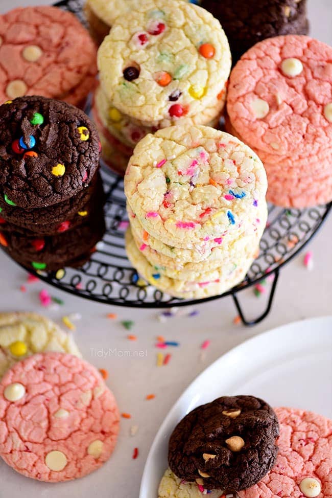 cake mix cookies stacked on a cooling rack