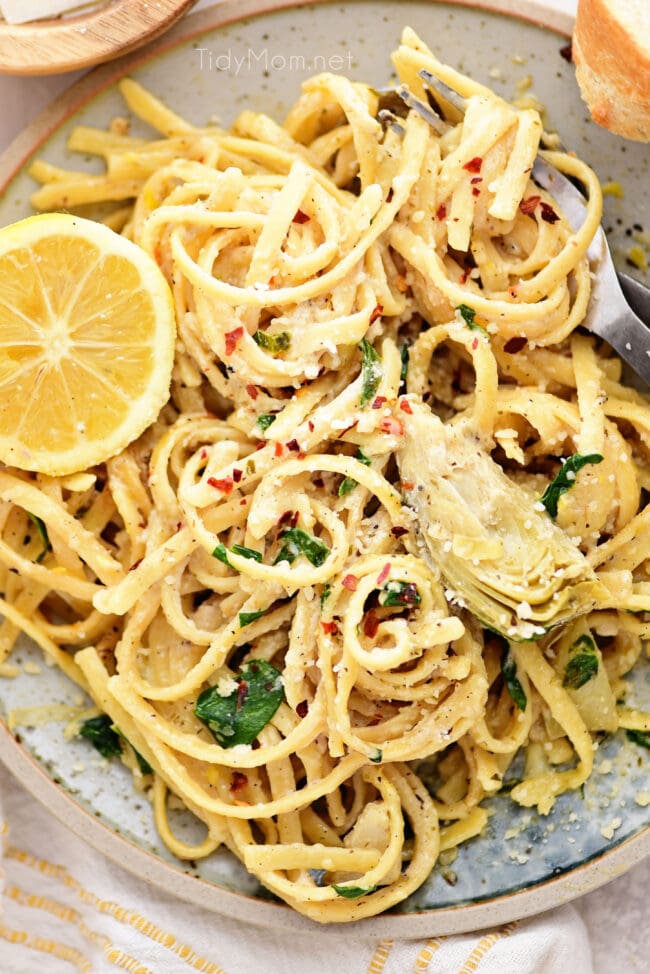 artichoke pasta with lemon on a plate