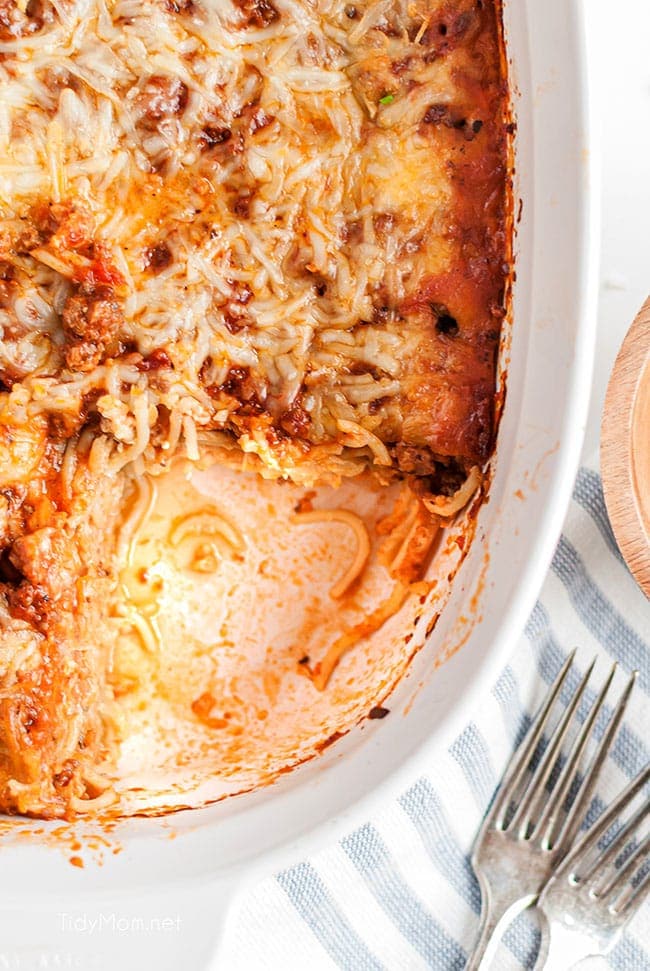 baked spaghetti in a casserole dish