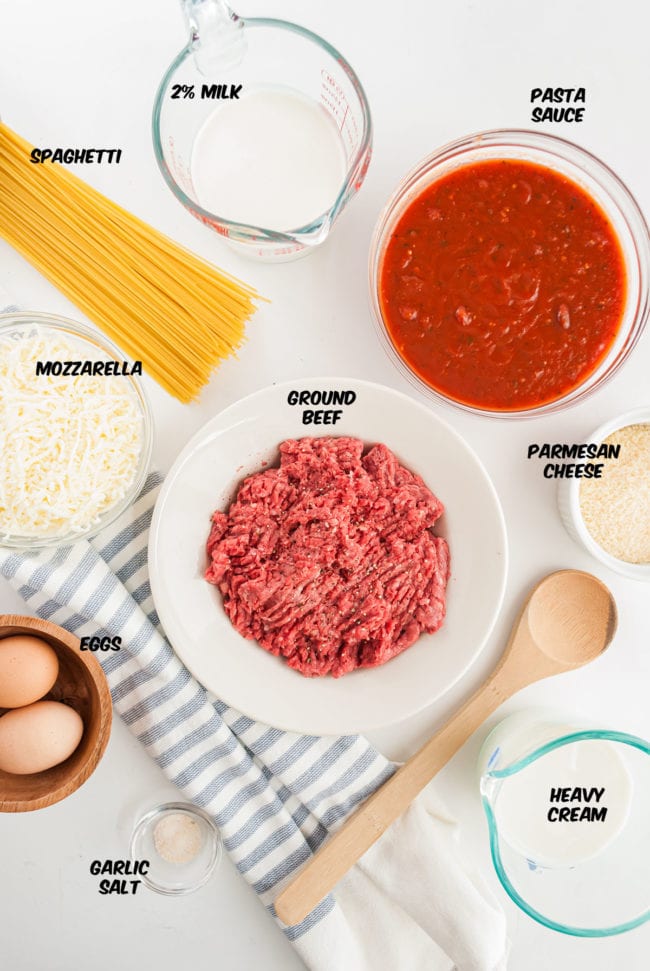 baked spaghetti ingredients on a counter