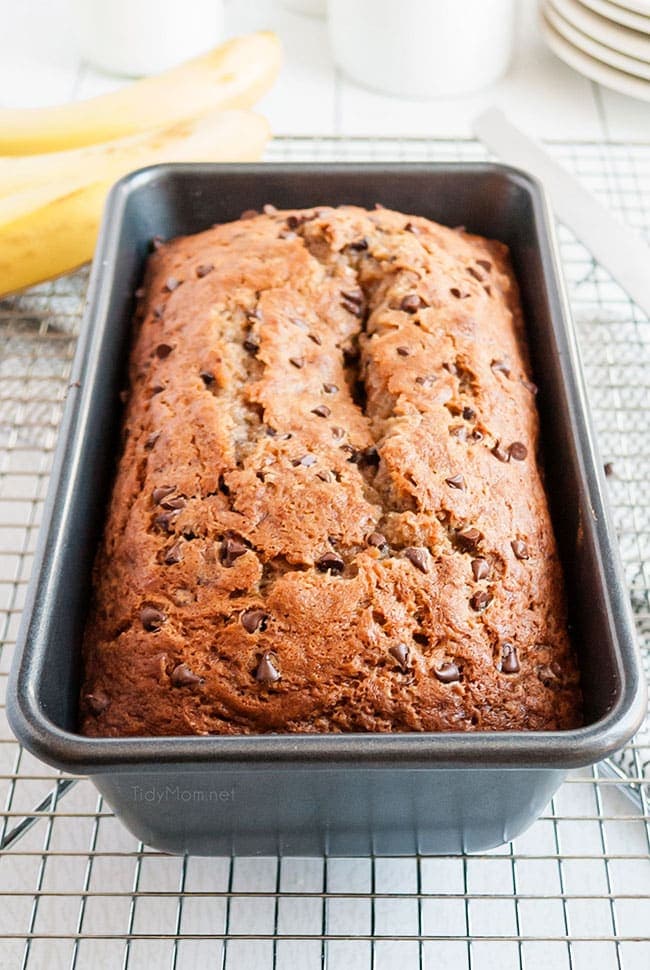 baked banana bread in a tin pan