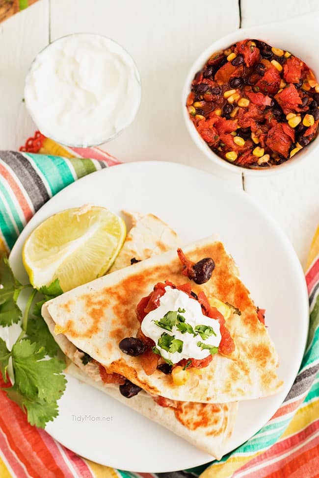 a quesadilla on a white plate with a bowl of fire roasted tomato salsa
