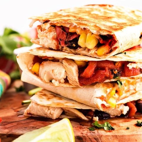 3 chicken quesadillas stacked on each other