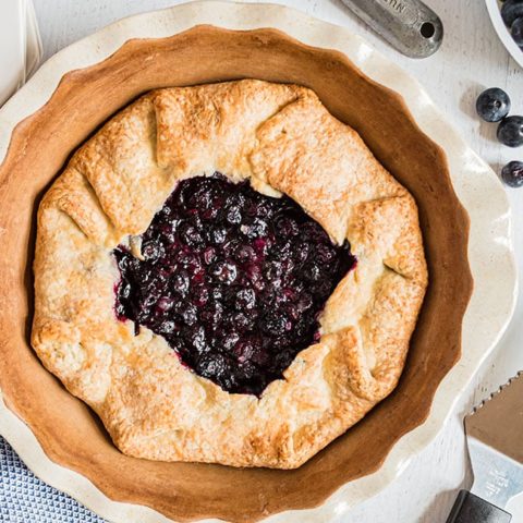 blueberry galette baked in a pie dish