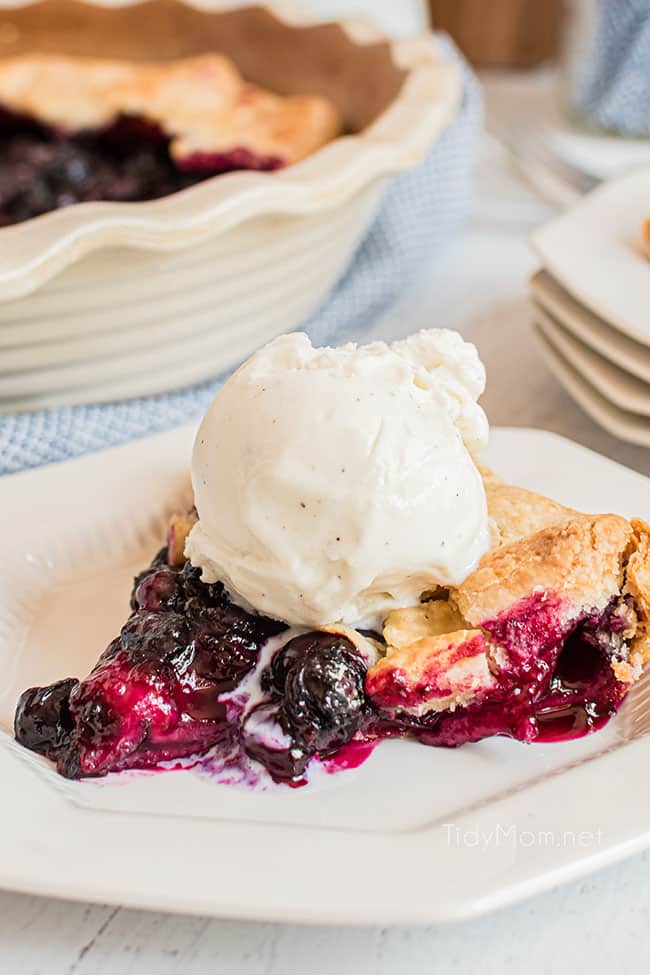  blueberry galette with a scoop of vanilla ice cream on a white plate