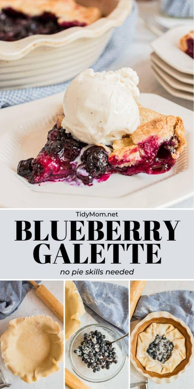  blueberry galette with a scoop of vanilla ice cream on a plate