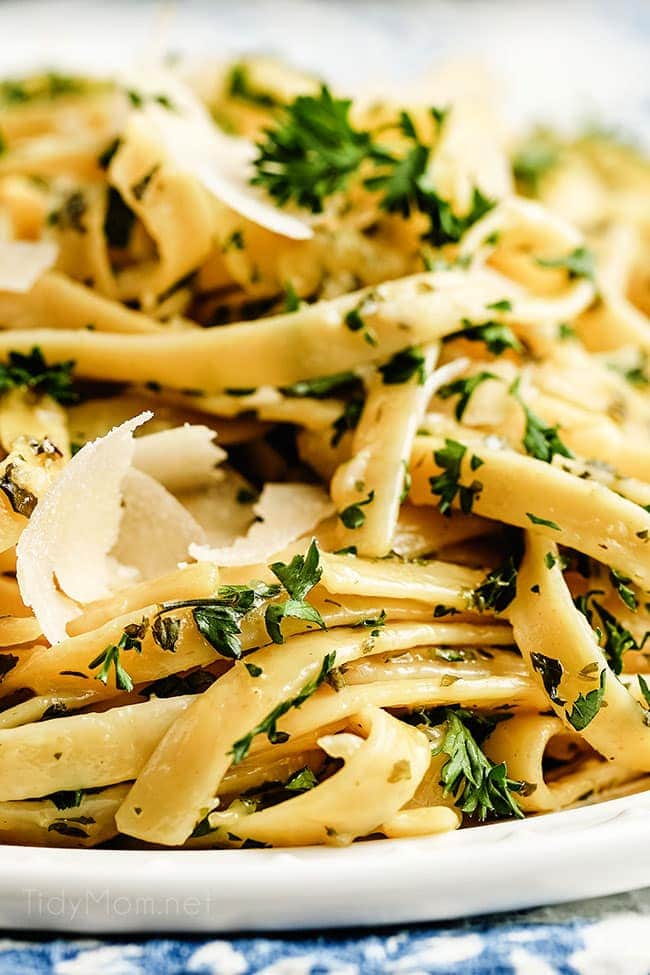 close up of creamy fettuccine alfredo with shaved Parmesan cheese