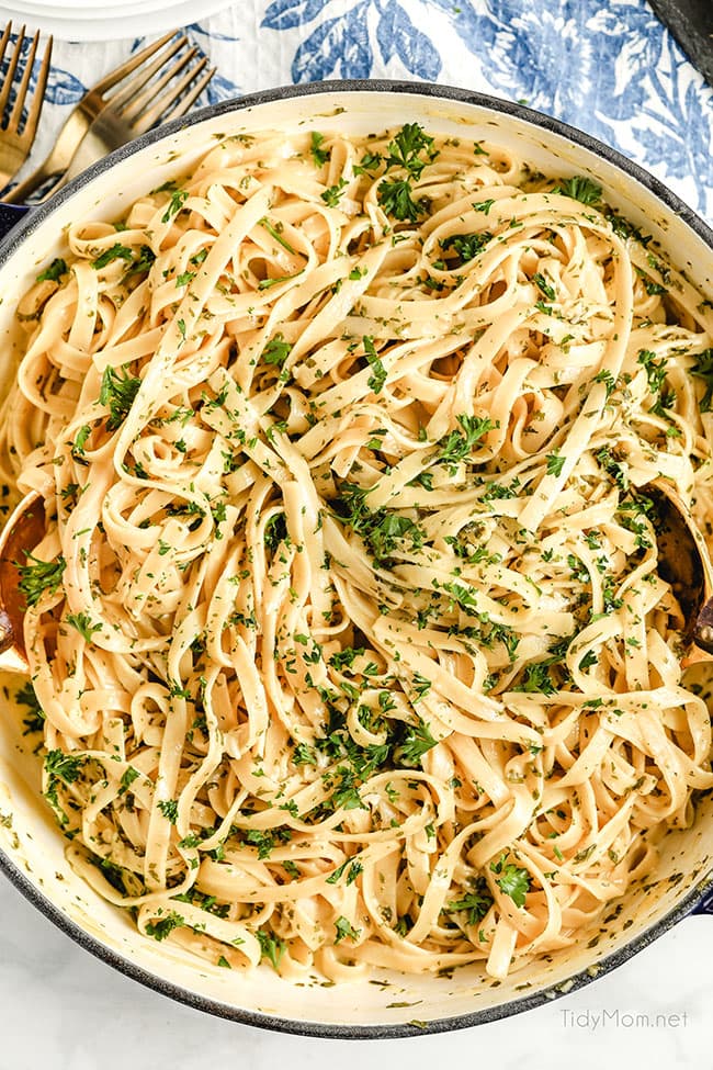 close up of fettuccine alfredo in a pot