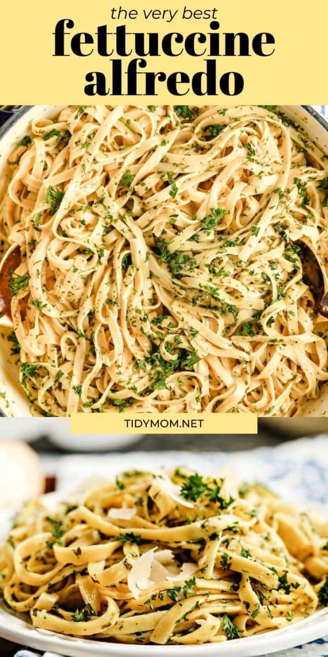 creamy fettuccine alfredo in a pot and on a plate