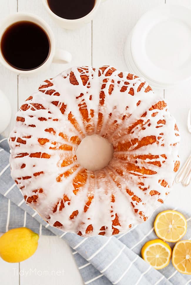 over head shot of bundt cake with glaze drizzled on top