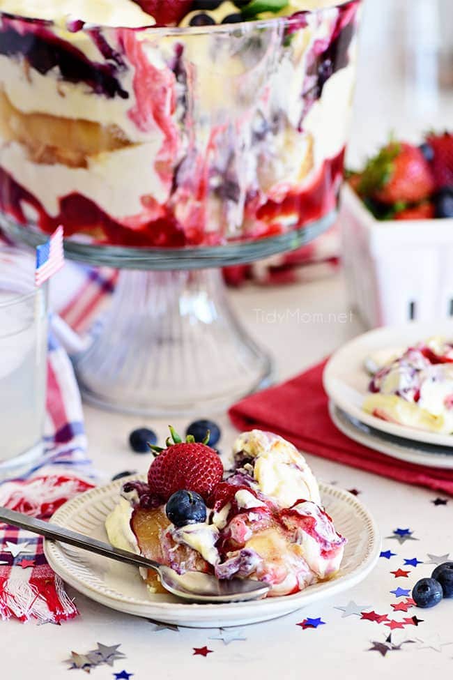 A serving of fruit trifle on a plate