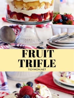 fruit trifle with pie filling in a dessert bowl and on a plate