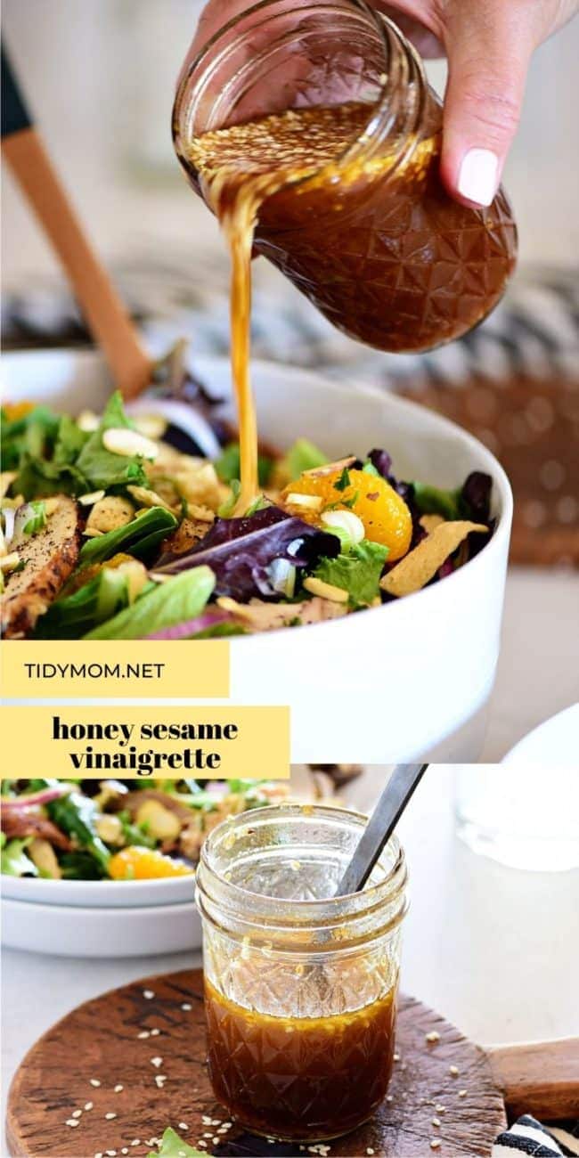 Honey Sesame salad dressing in a jar being poured over a salad