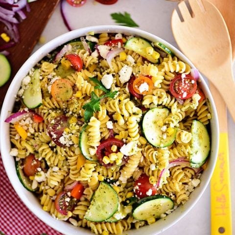 overhead shot of summer pasta salad