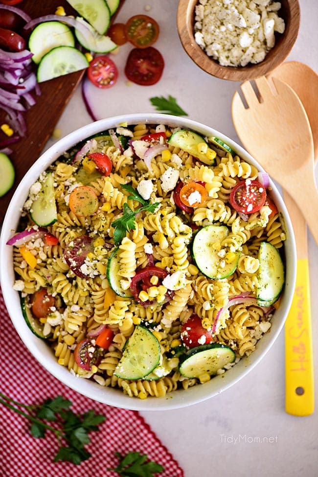 overhead shot of summer pasta salad