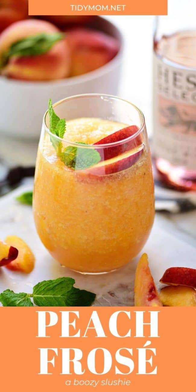 peach slushie cocktail with bottle of Rose