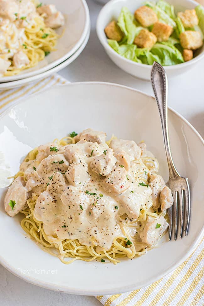 creamy chicken on a plate of spaghetti