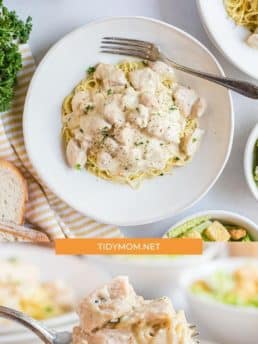 creamy chicken and pasta on a plate