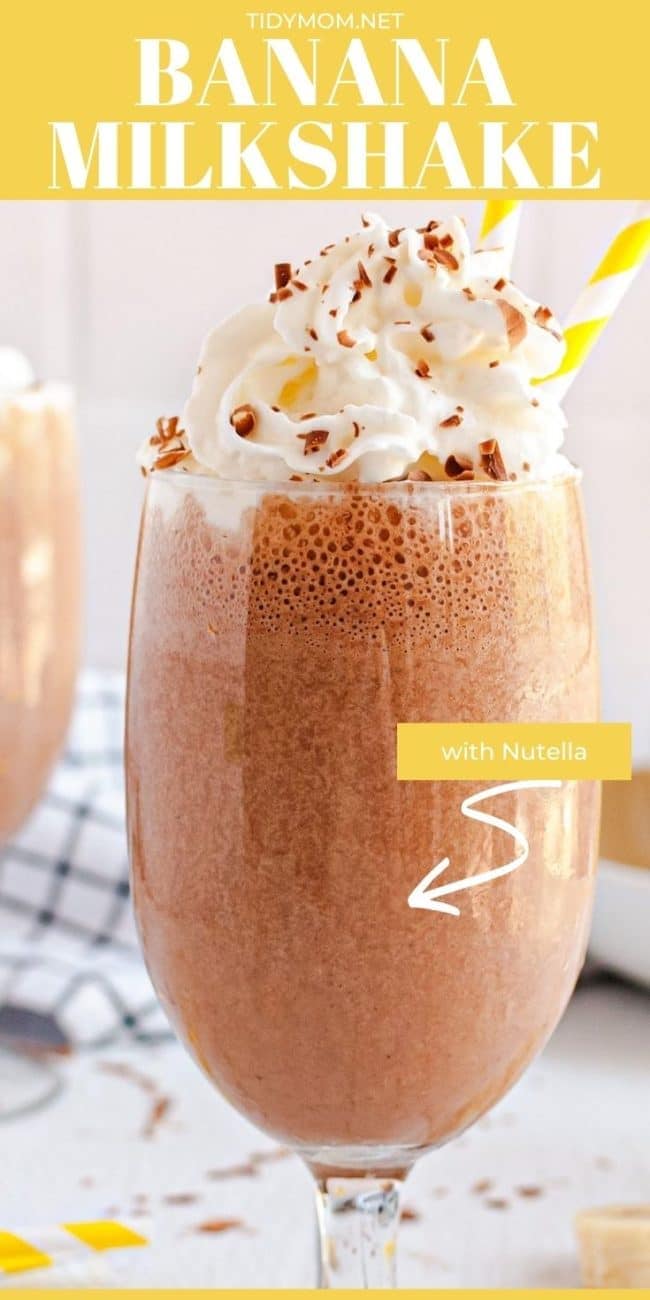banana milkshake in a glass with Nutella and whipped cream