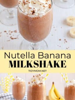 banana milkshakes in glasses with Nutella and whipped cream