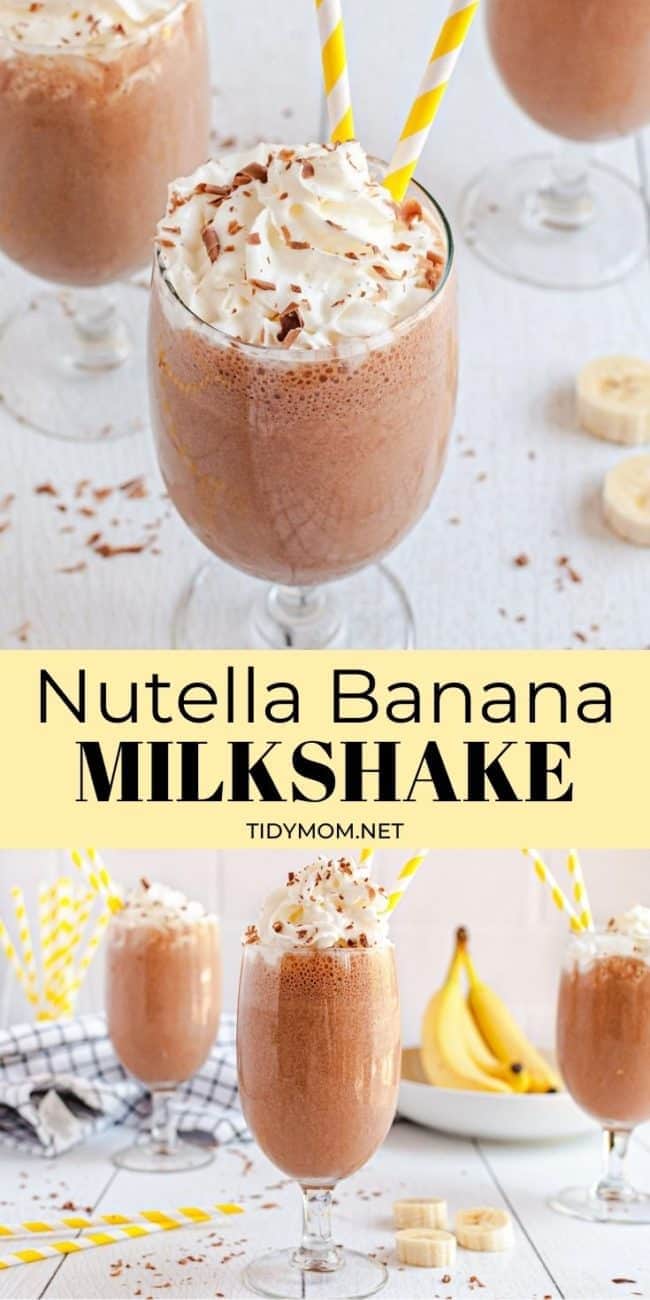 banana milkshakes in glasses with Nutella and whipped cream