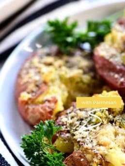smashed potatoes on a plate photo collage
