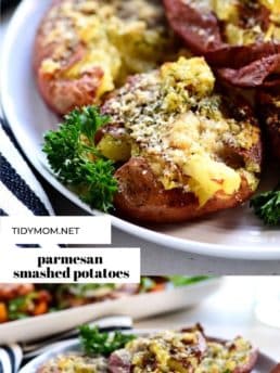smashed potatoes on a dinner plate photo collage