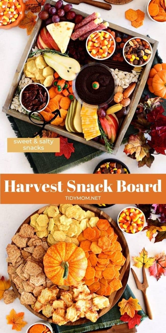 2 fall themed snack boards with sweet and salty treats photo collage