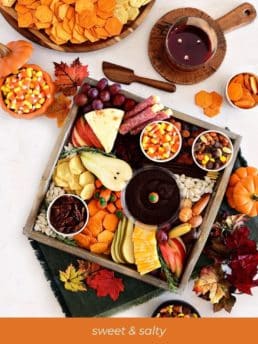 all themed snack boards with sweet and salty treats