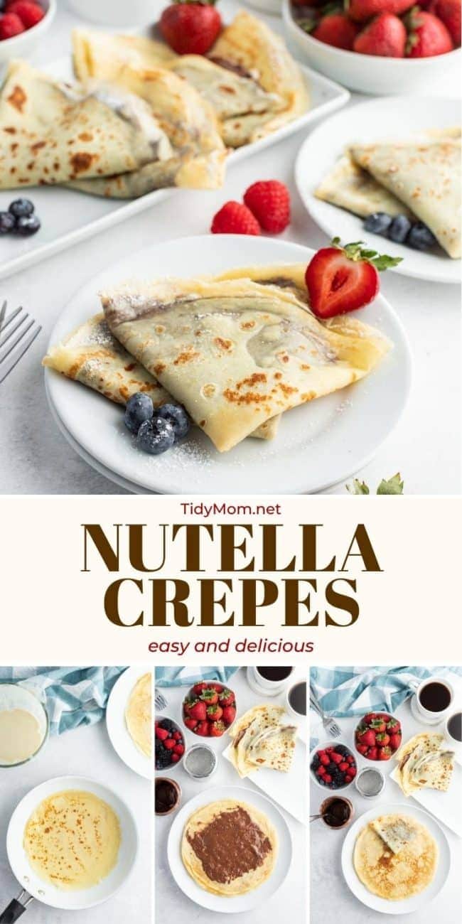 photo collage of making crepes in a pan