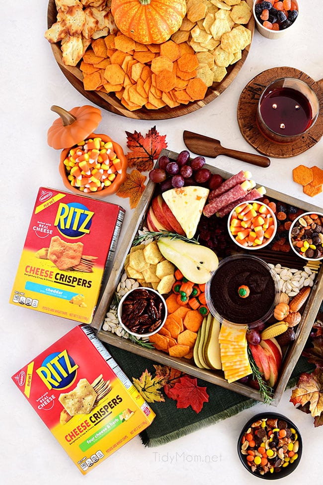 fall themed snack boards with RITZ crackers boxes