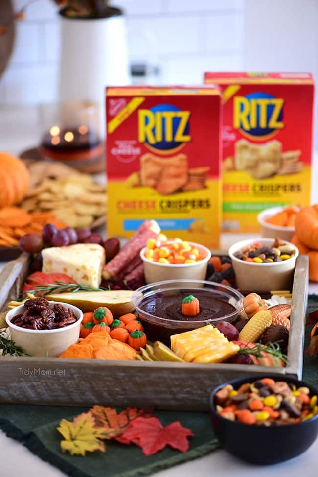 snack board with Ritz Crackers and other treats