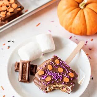s'mores pop with halloween sprinkles on a plate