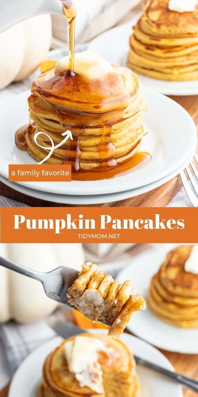 stack of pancakes on plate with syrup and a fork