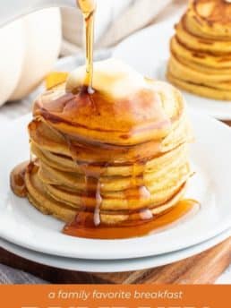 stack of pancakes on plate with syrup